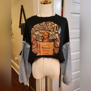 JW&NW Black Graphic Crop Top with Denim Sleeves Upcycle OOAK, Size Large